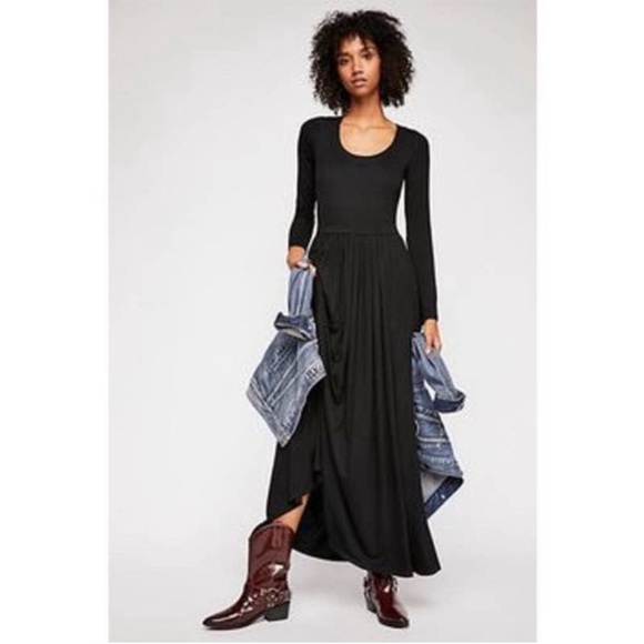 Free People Dresses & Skirts - Free People Earth Angel Black rib knit swiss dot lace  Maxi Dress size L